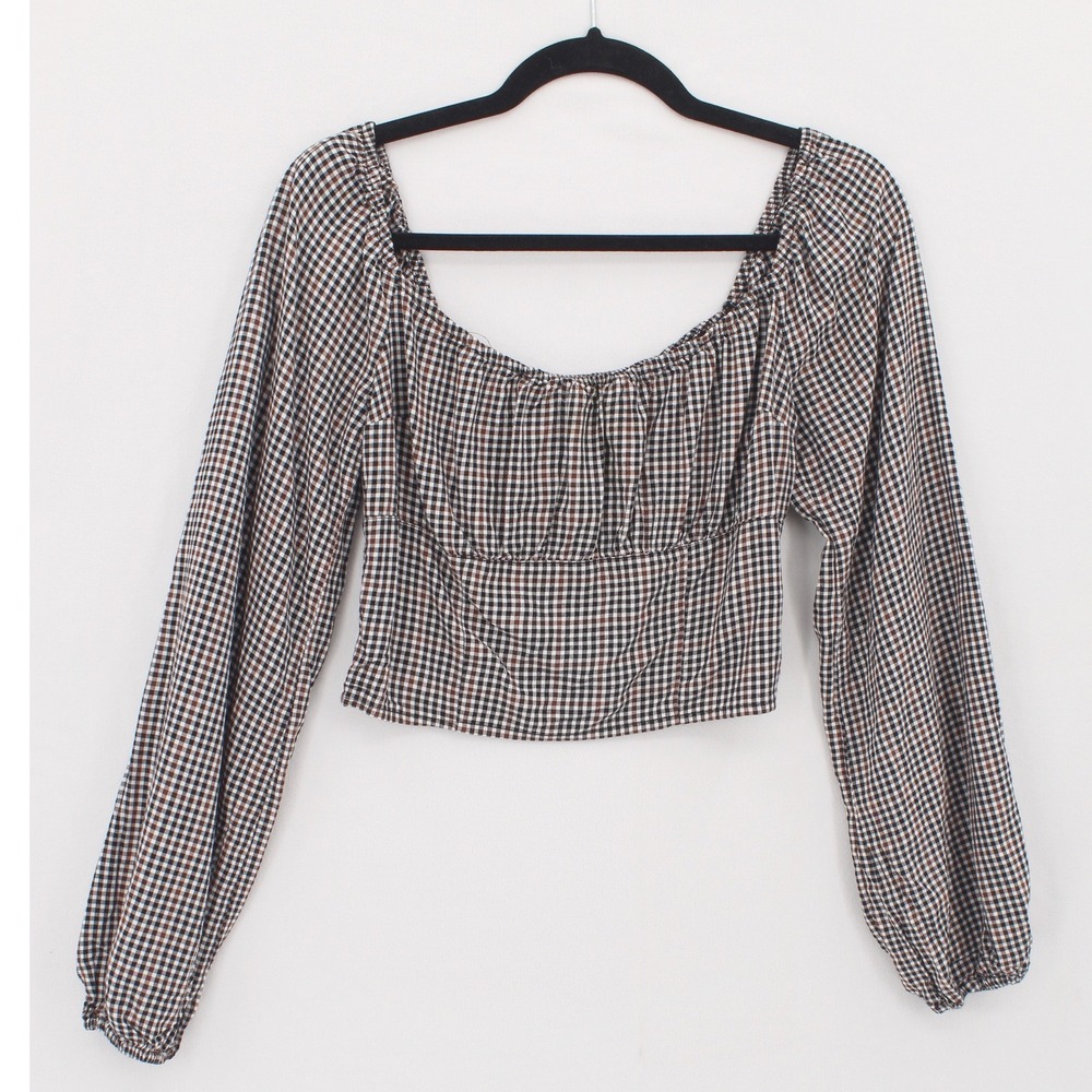 Hollister Gingham Smocked Crop Top Small Coquette Milk Maid Ballon Sleeve